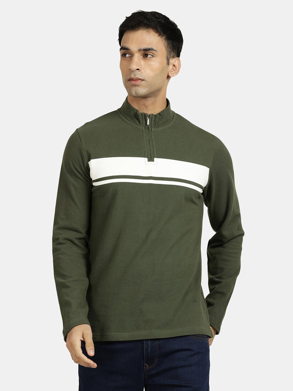Men's Olive Striped High Neck Full Sleeve Sweatshirt