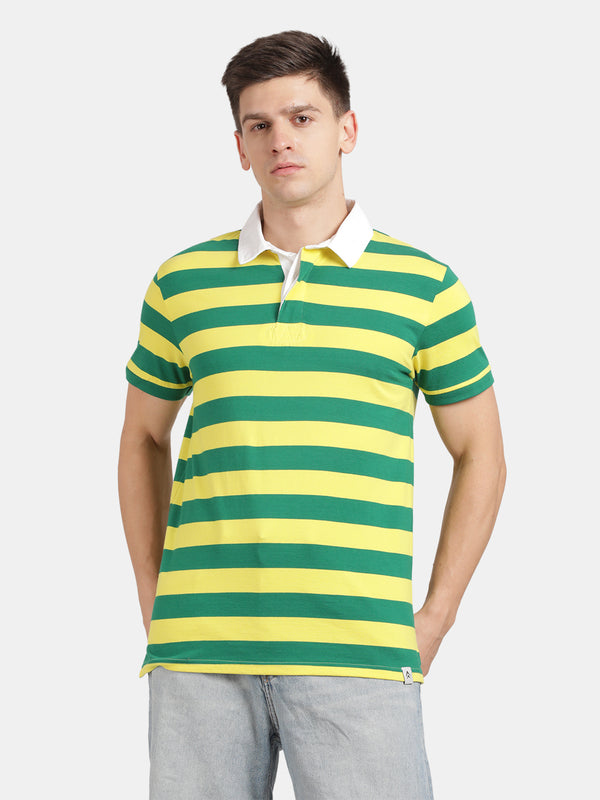Men's Green&Yellow Striped Rugby S/S Polo-tshirt