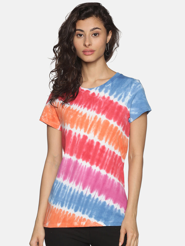 Women Multicolour Tie & Dye Cross Striped Design T-Shirt