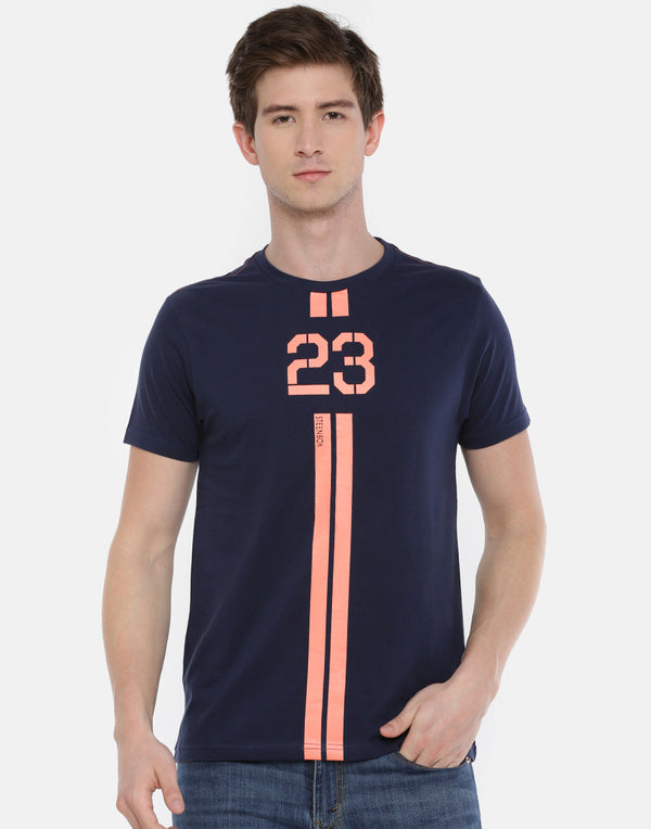 Men's Navy Blue Printed Crew Neck T-Shirt