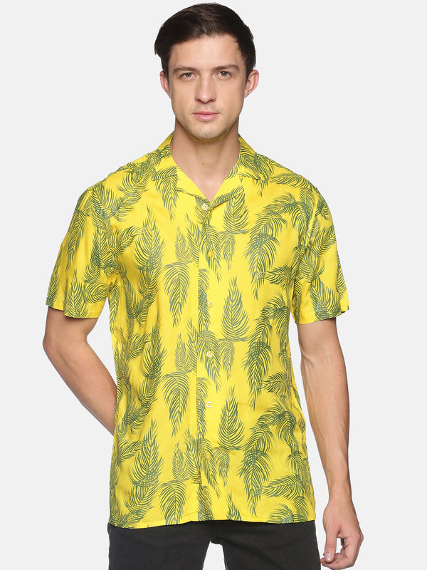 Men's Yellow Woven Leaf Printed Shirt