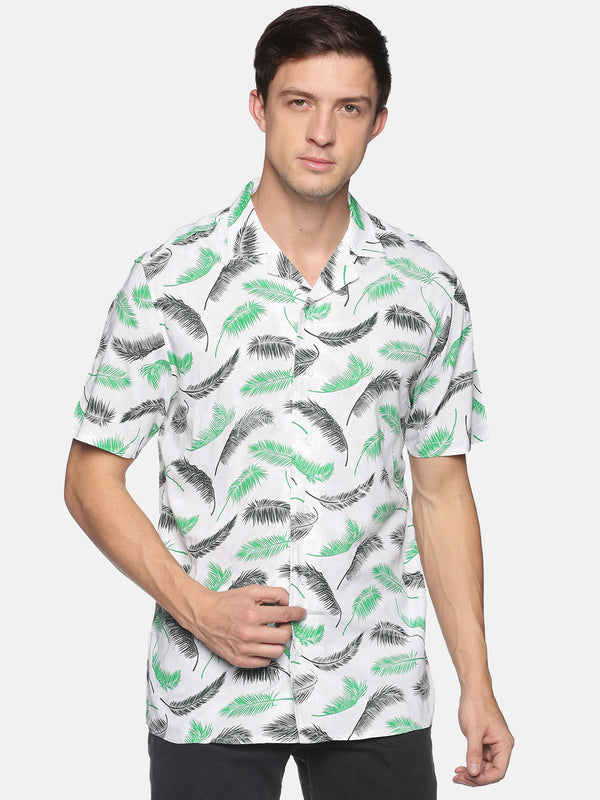 Men's White Woven Leaf Printed Shirt