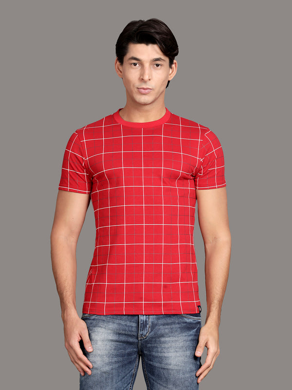 Red Printed Checked Crew neck T-Shirt