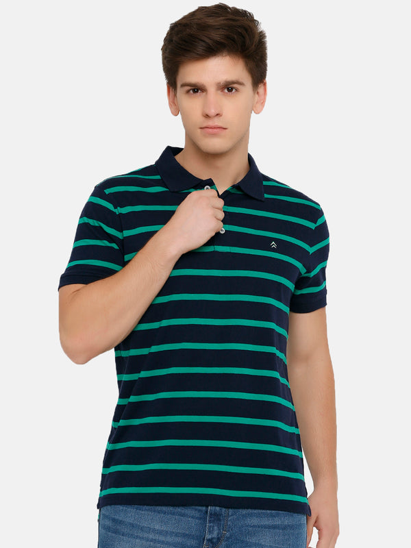 Men's Green Striped Navy Polo T-Shirt