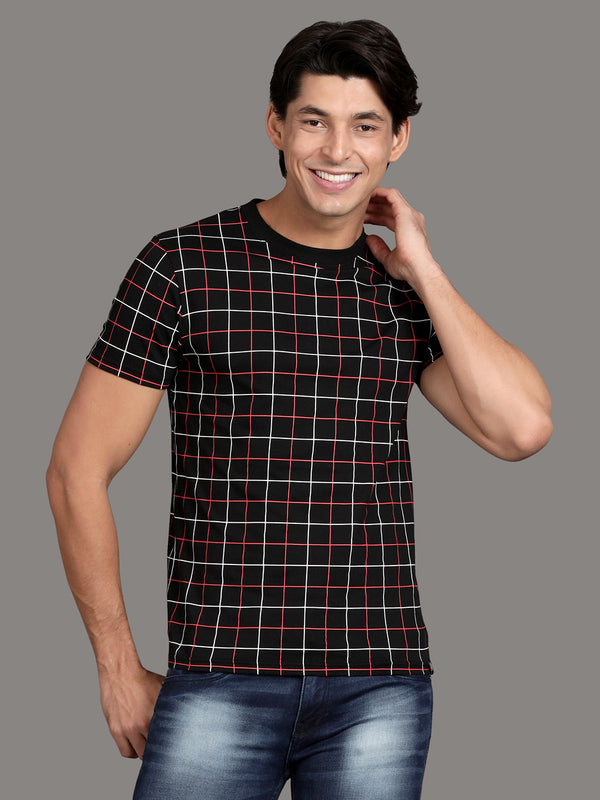 Black Printed Checked Crew neck T-Shirt