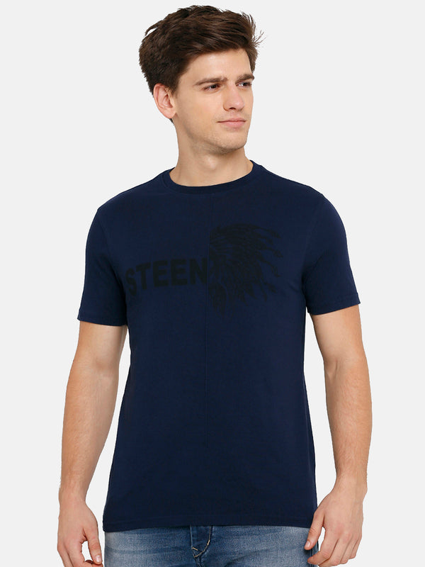 Men's French Navy Printed Crew Neck T-Shirt