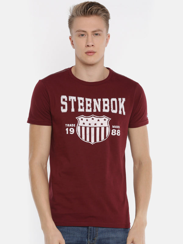 Men's Maroon Printed Round Neck T-shirt