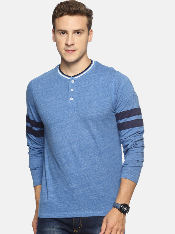 Men's Navy Blue Solid Henley Neck T-Shirt