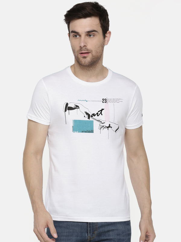 Men's White Art Printed Crew Neck T-Shirt