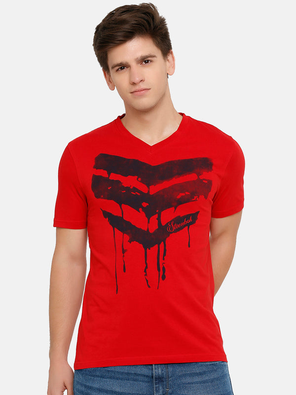 Men's Red Printed V Neck T-Shirt