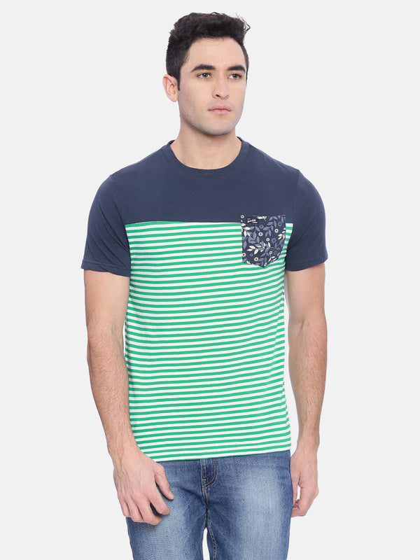 Men's Green and Navy Striped Crew Neck T-Shirt