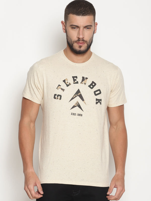 Men's Beige Printed Crew Neck T-Shirt