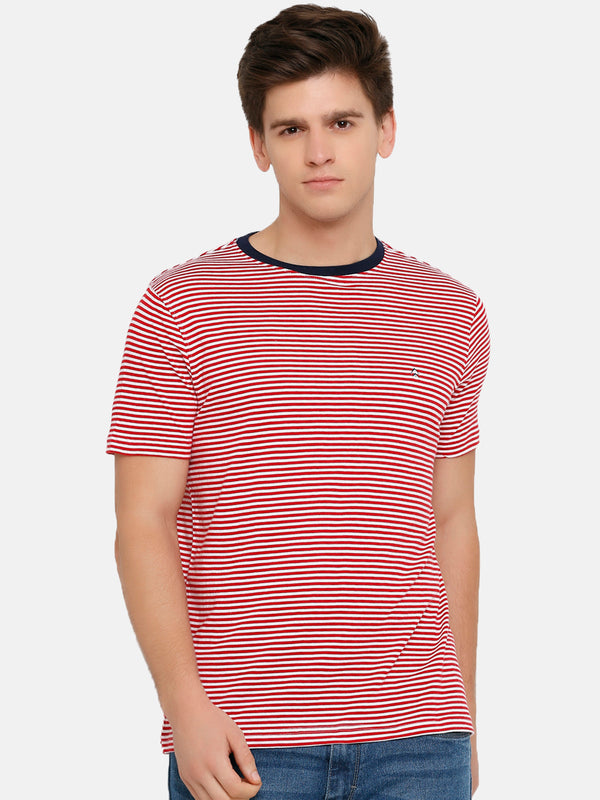 Men's White and Red Striped Crew Neck T-Shirt