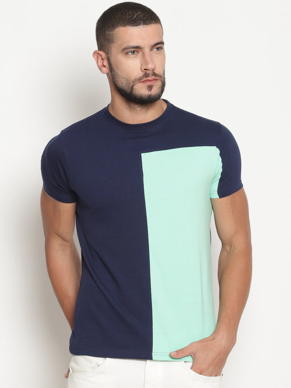 Men's Navy & Green Cut & Sew Crew Neck T- Shirt