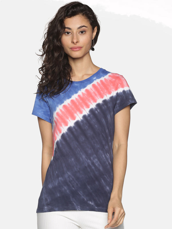 Women Navyblue Tie & Dye Cross Striped Design T-Shirt