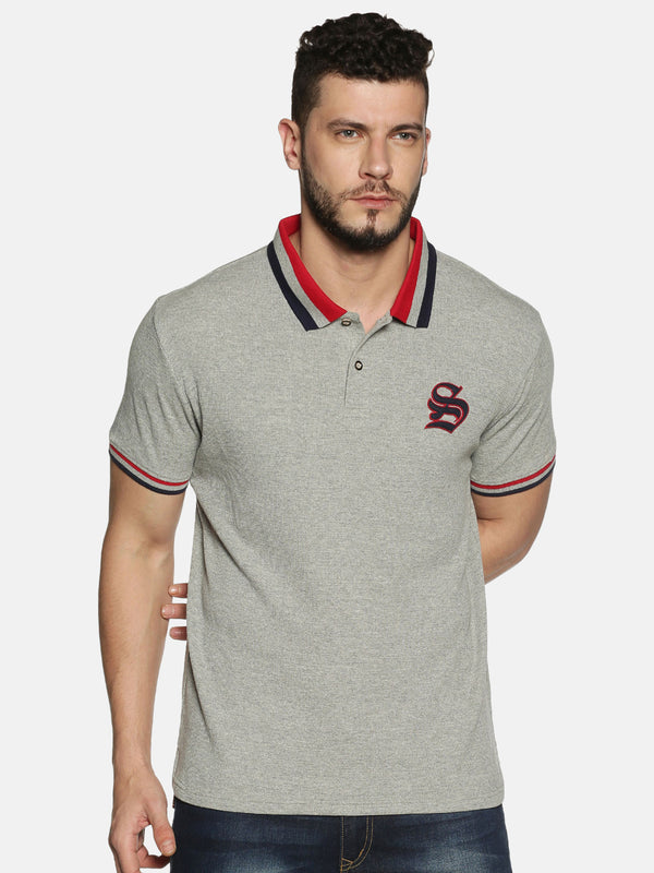 Men's Grey Applibue Flog Emb Polo T-shirt