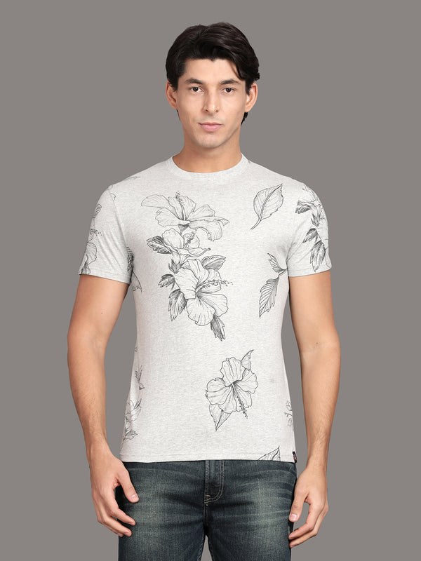 Grey Melange Floral Printed T-Shirt