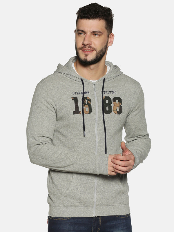 Grey Melange Waffle Knit Full Zip Hoodie for men