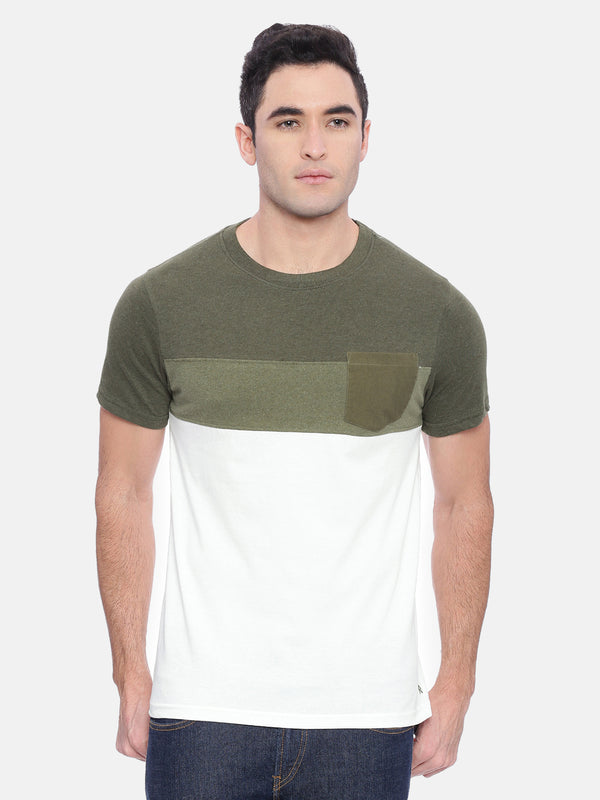Men's Green and Half White Crew Neck T-Shirt