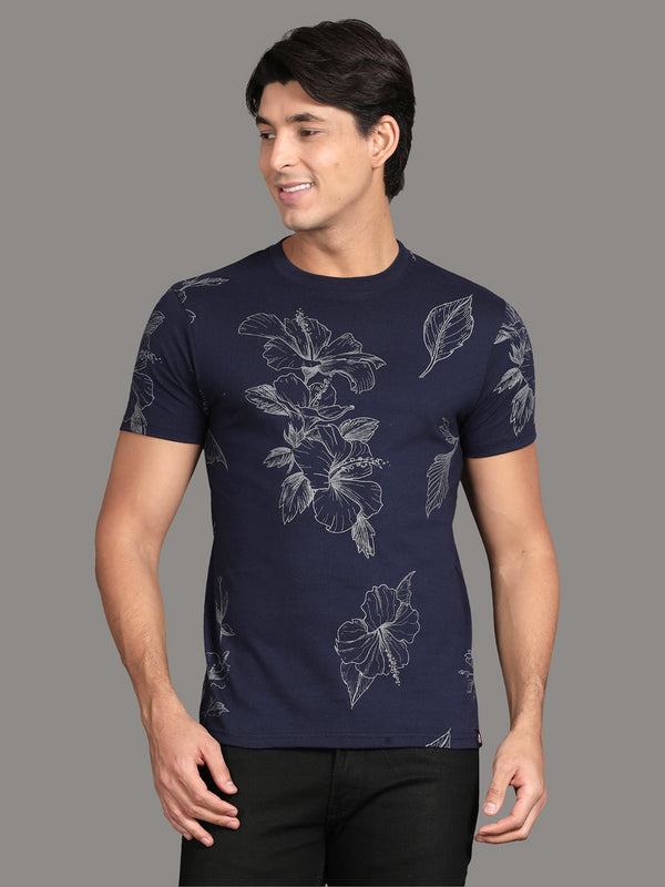 Navy Melange Floral Printed T-Shirt