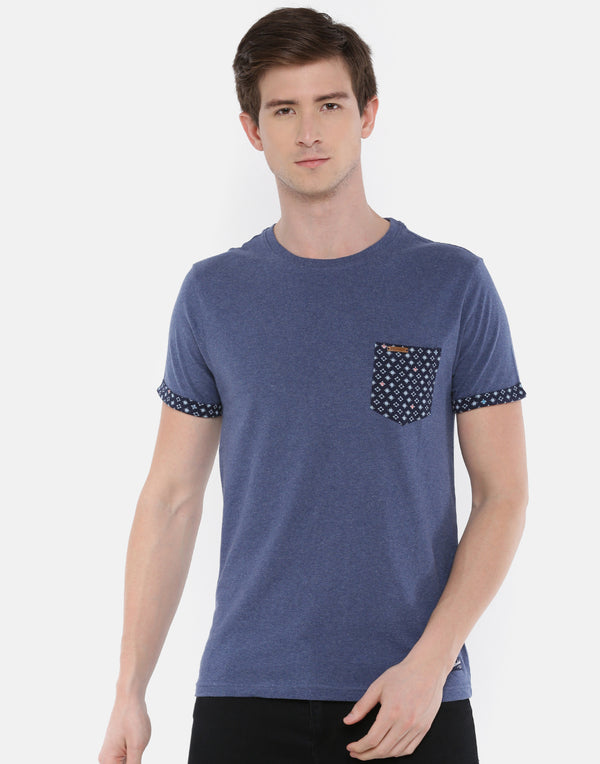 Men's Navy Heather Printed Crew Neck T-Shirt.