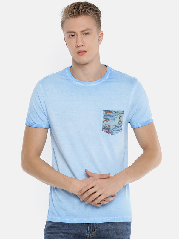 Men's Blue Solid Pocket Printed Crew Neck T-Shirt