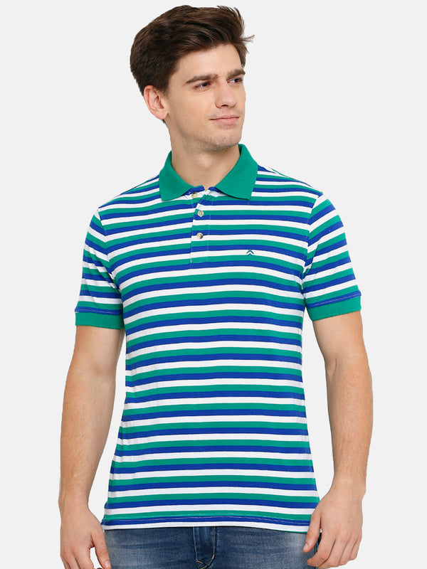Men's White and Green Striped Blue Polo T-Shirt