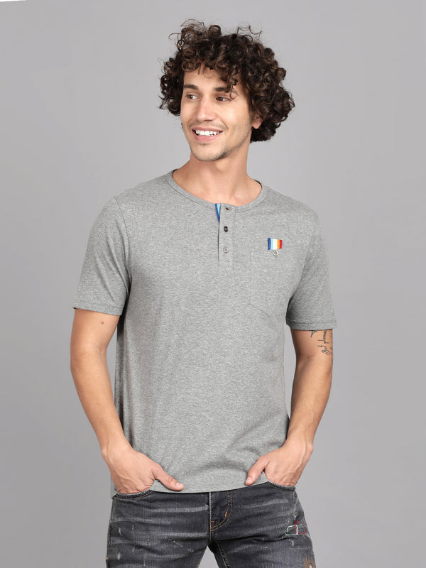 Dark Grey Henley Neck With Pocket Short Sleeve