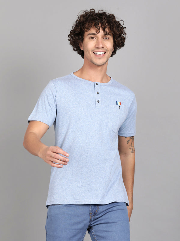 Sky Blue Henley Neck With Pocket Short Sleeve