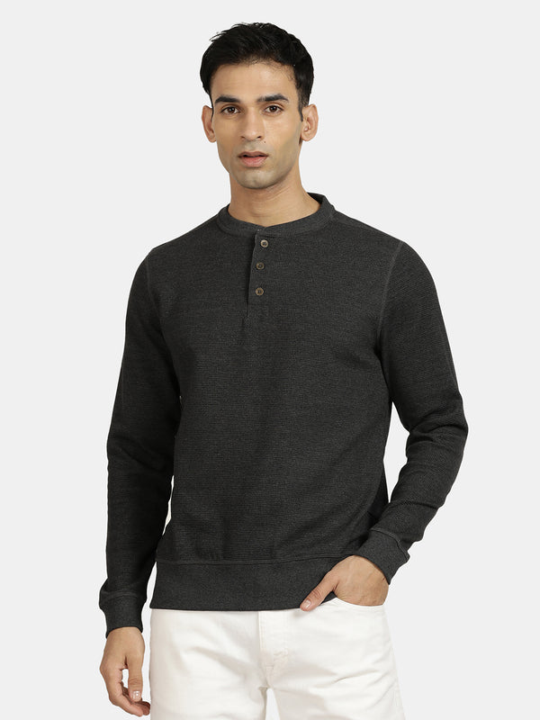 Faded Black Waffle Knit Henley Sweatshirt for men