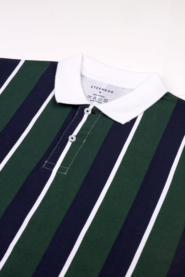 Men's Green Vertical Striped Polo T-Shirt