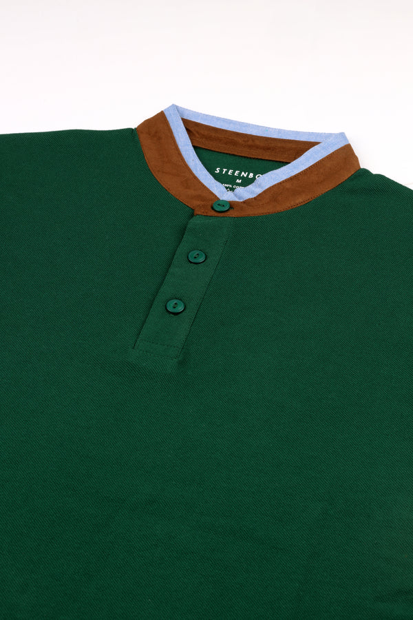 Forest Green Melange Chinese Collar T-Shirt